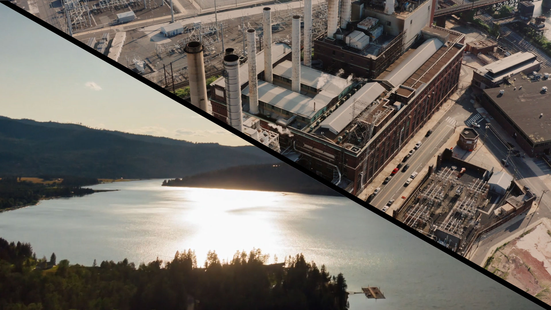 Split image with lake and trees in lower left, a factory in upper right.