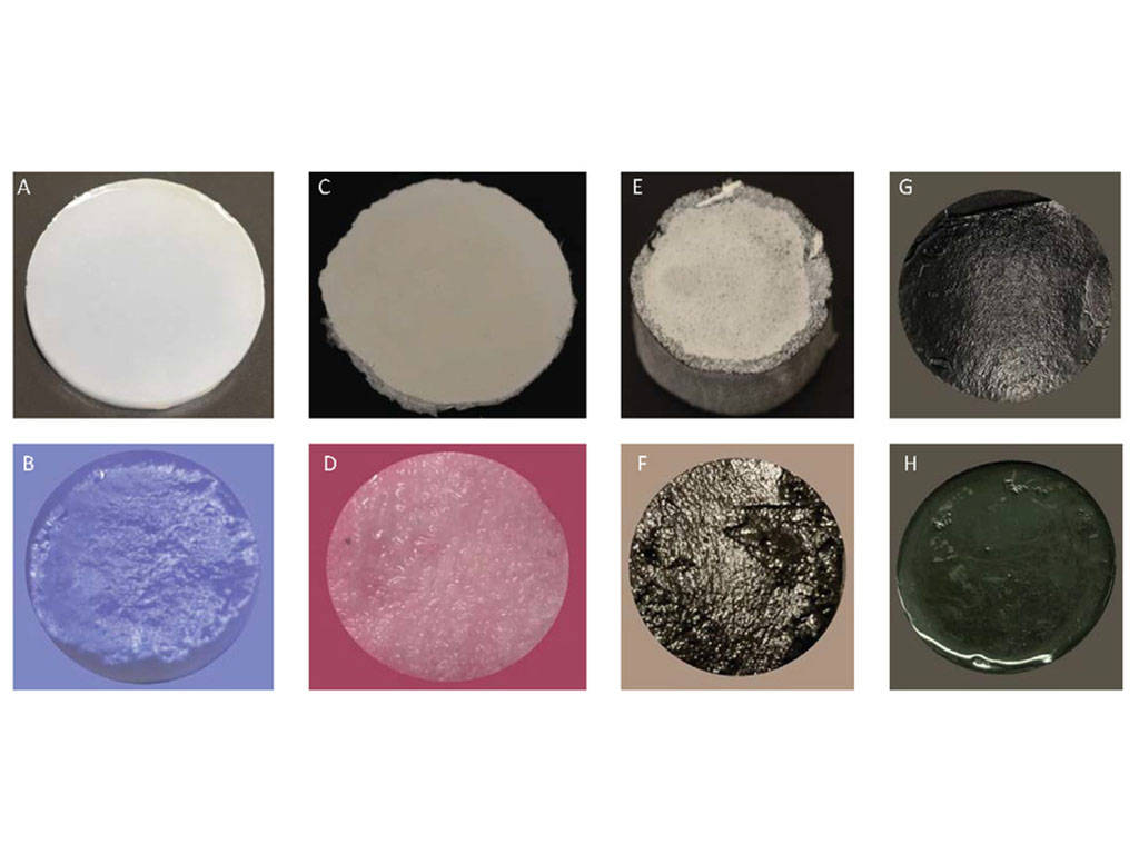 8 images show discs of hydrogels, labeled A-H. The bottom rows are very wet, and the top looks dry.