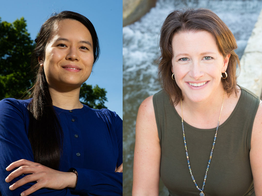 Two portrait photos side by side. On left, Y. Jenny Wang stands outside with arms crossed. On 