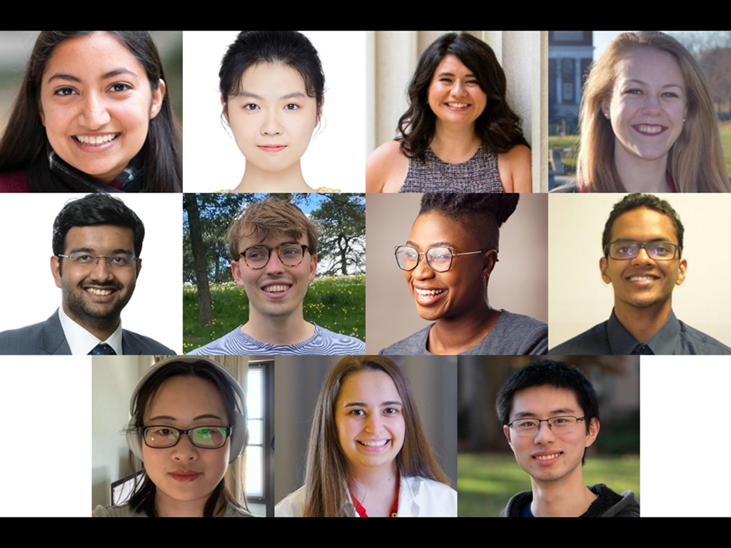 Caption:Top row, left to right: Monica Agrawal, Peng Cao, Bianca Lepe, Caroline McCue. Middle row, left to right: Somesh Mohapatra, Luke Murray, Ufuoma Ovienmhada, Lagnajit “Lucky” Pattanaik. Bottom row, left to right: Na Sun, Jacqueline Valeri, Clinton W