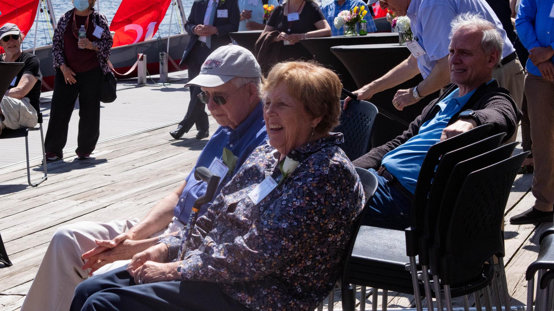 On May 11, a boat donated by MechE alumna and chair of the MIT Corporation Diane Greene SM ’78, was christened the “Chrys Chryssostomidis” in honor of Professor Chryssostomos Chryssostomidis. Greene and Chryssostomidis celebrated alongside members of the MIT community in a boat naming ceremony at the MIT Sailing Pavilion. 